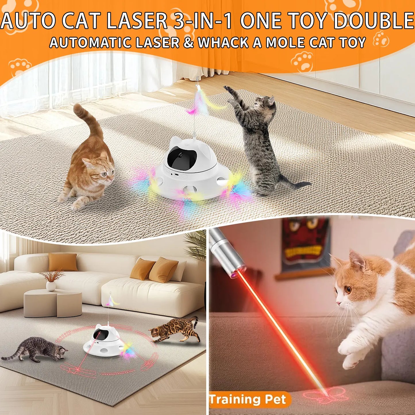 Interactive 3-in-1 Cat Laser Toy with Automatic 6-Hole Whack-a-Mole, Fluttering Butterfly, and USB Rechargeable Features for Indoor Cats and Dogs - Stress Relief Toy for Bored Pets