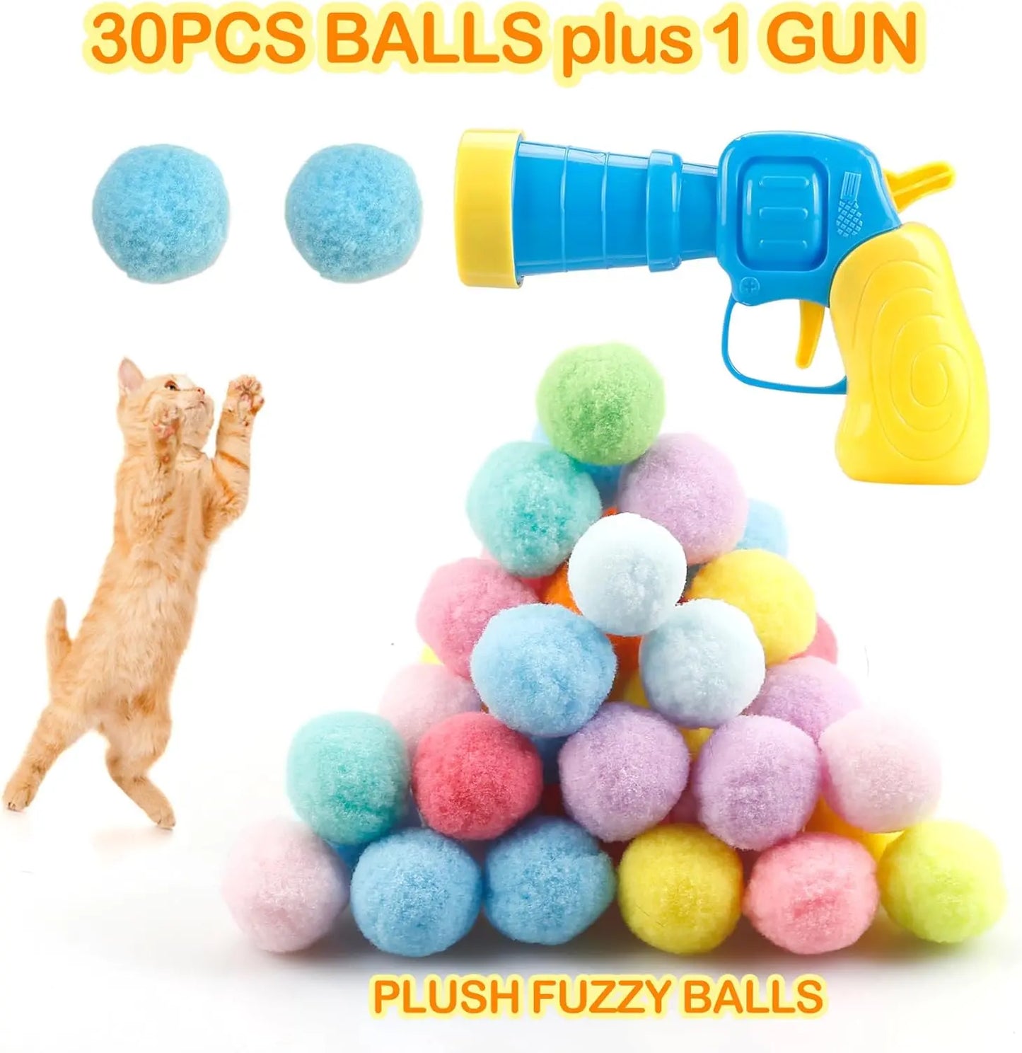 31-Piece Cat Ball Toy Launcher Set with Plush Fuzzy Balls and Interactive Gun for Engaging Indoor Play for Cats