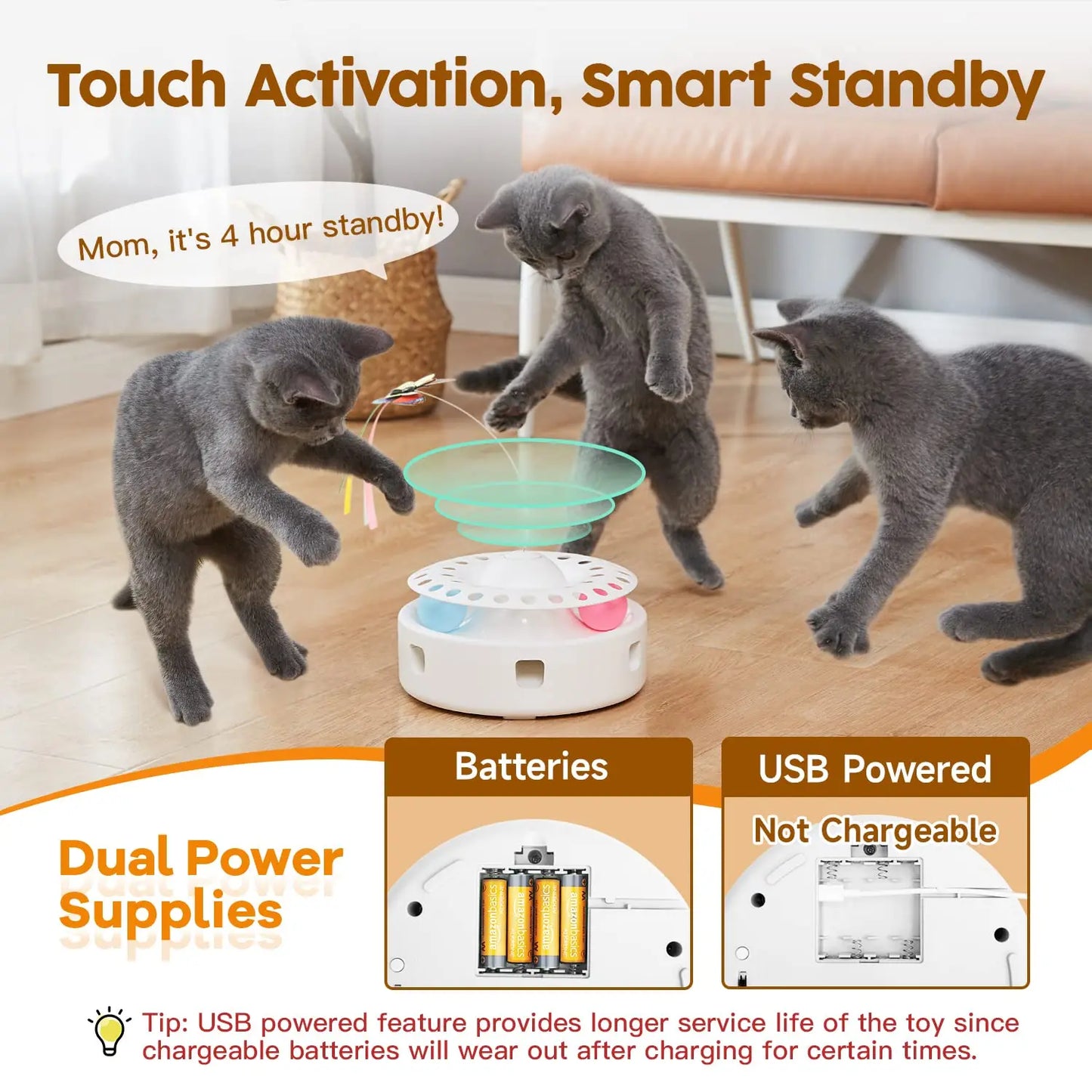 Potaroma 3-in-1 Interactive Automatic Cat Toy with Fluttering Butterfly, Random Moving Feather, and Track Balls - USB Powered Indoor Exercise for Cats