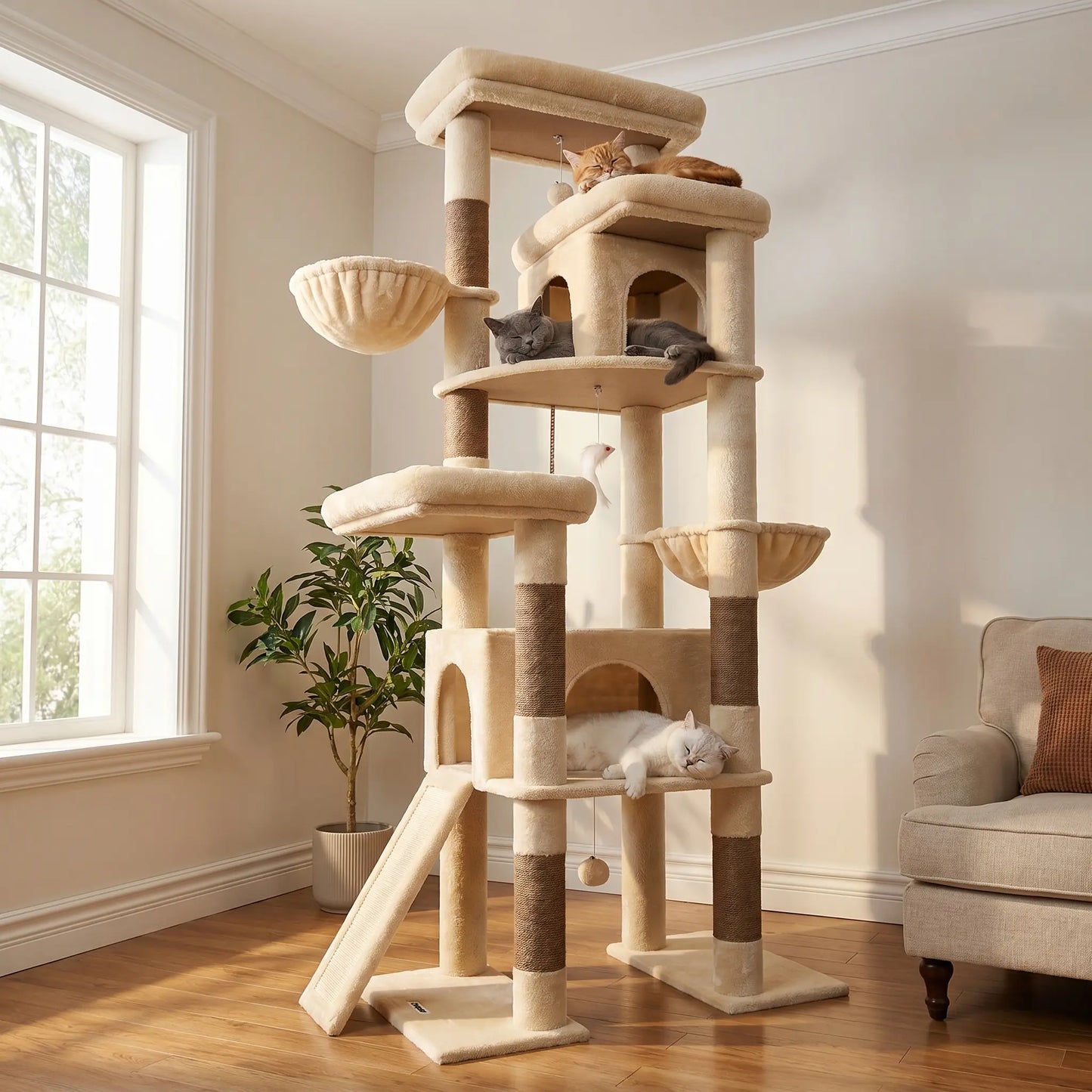 Globlazer S78 78-Inch Modern Freestanding Cat Tree Tower, Durable Activity Center with Condos, Natural Sisal Scratching Posts, Hammock, Perches, and Comfortable Lounging Areas for Large Cats, Easy Assembly