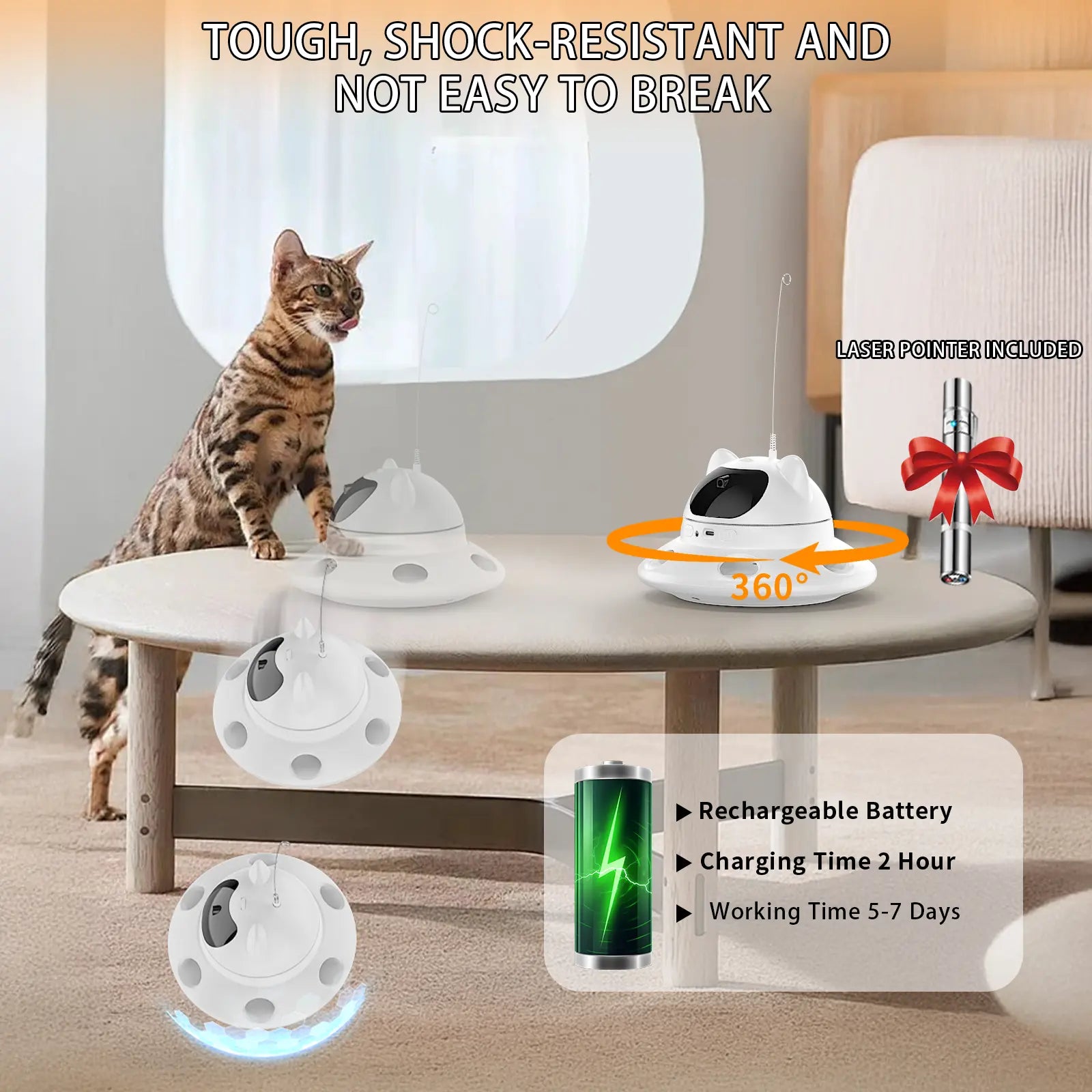 Interactive 3-in-1 Cat Laser Toy with Automatic 6-Hole Whack-a-Mole, Fluttering Butterfly, and USB Rechargeable Features for Indoor Cats and Dogs - Stress Relief Toy for Bored Pets