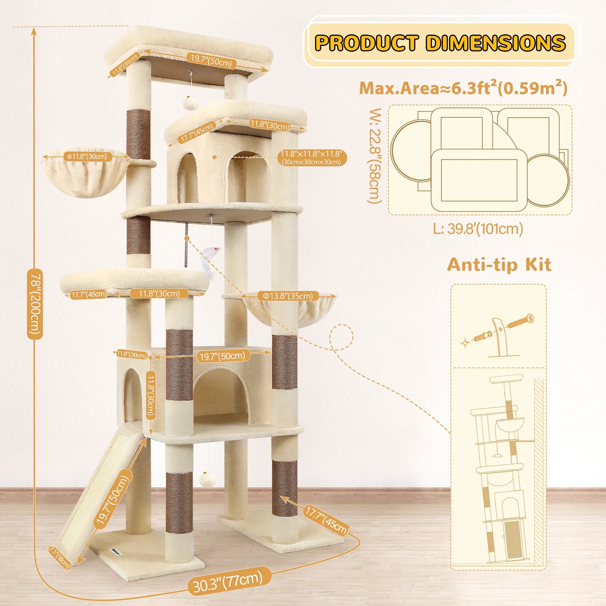 Globlazer S78 78-Inch Modern Freestanding Cat Tree Tower, Durable Activity Center with Condos, Natural Sisal Scratching Posts, Hammock, Perches, and Comfortable Lounging Areas for Large Cats, Easy Assembly