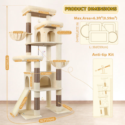 Globlazer S78 78-Inch Modern Freestanding Cat Tree Tower, Durable Activity Center with Condos, Natural Sisal Scratching Posts, Hammock, Perches, and Comfortable Lounging Areas for Large Cats, Easy Assembly
