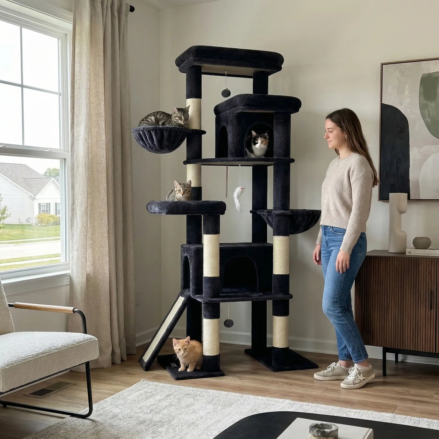 Globlazer S78 78-Inch Modern Freestanding Cat Tree Tower, Durable Activity Center with Condos, Natural Sisal Scratching Posts, Hammock, Perches, and Comfortable Lounging Areas for Large Cats, Easy Assembly