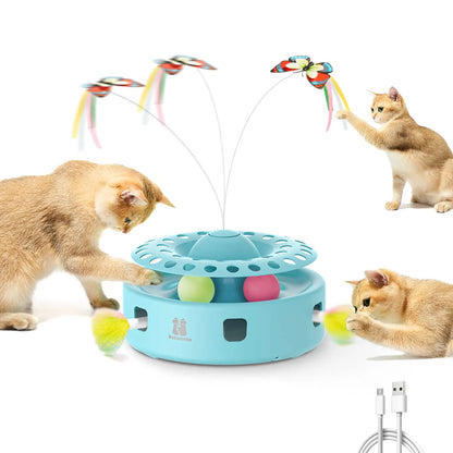 Potaroma 3-in-1 Interactive Automatic Cat Toy with Fluttering Butterfly, Random Moving Feather, and Track Balls - USB Powered Indoor Exercise for Cats