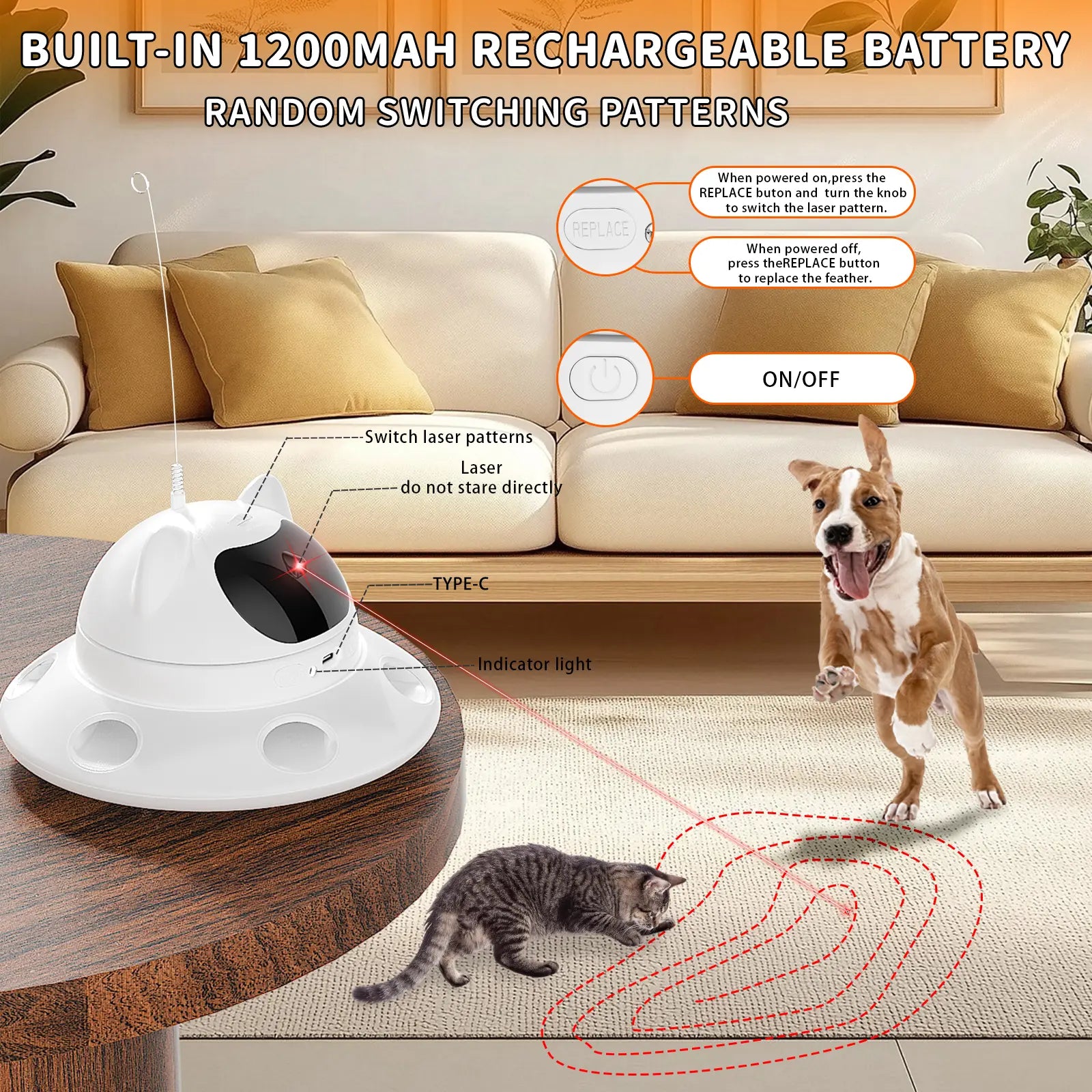 Interactive 3-in-1 Cat Laser Toy with Automatic 6-Hole Whack-a-Mole, Fluttering Butterfly, and USB Rechargeable Features for Indoor Cats and Dogs - Stress Relief Toy for Bored Pets
