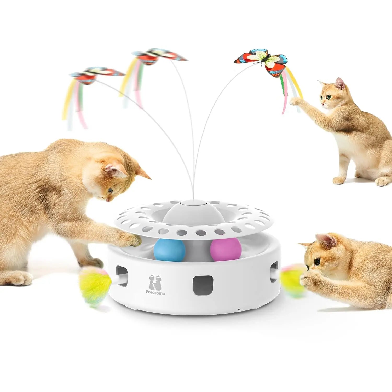 Potaroma 3-in-1 Interactive Automatic Cat Toy with Fluttering Butterfly, Random Moving Feather, and Track Balls - USB Powered Indoor Exercise for Cats