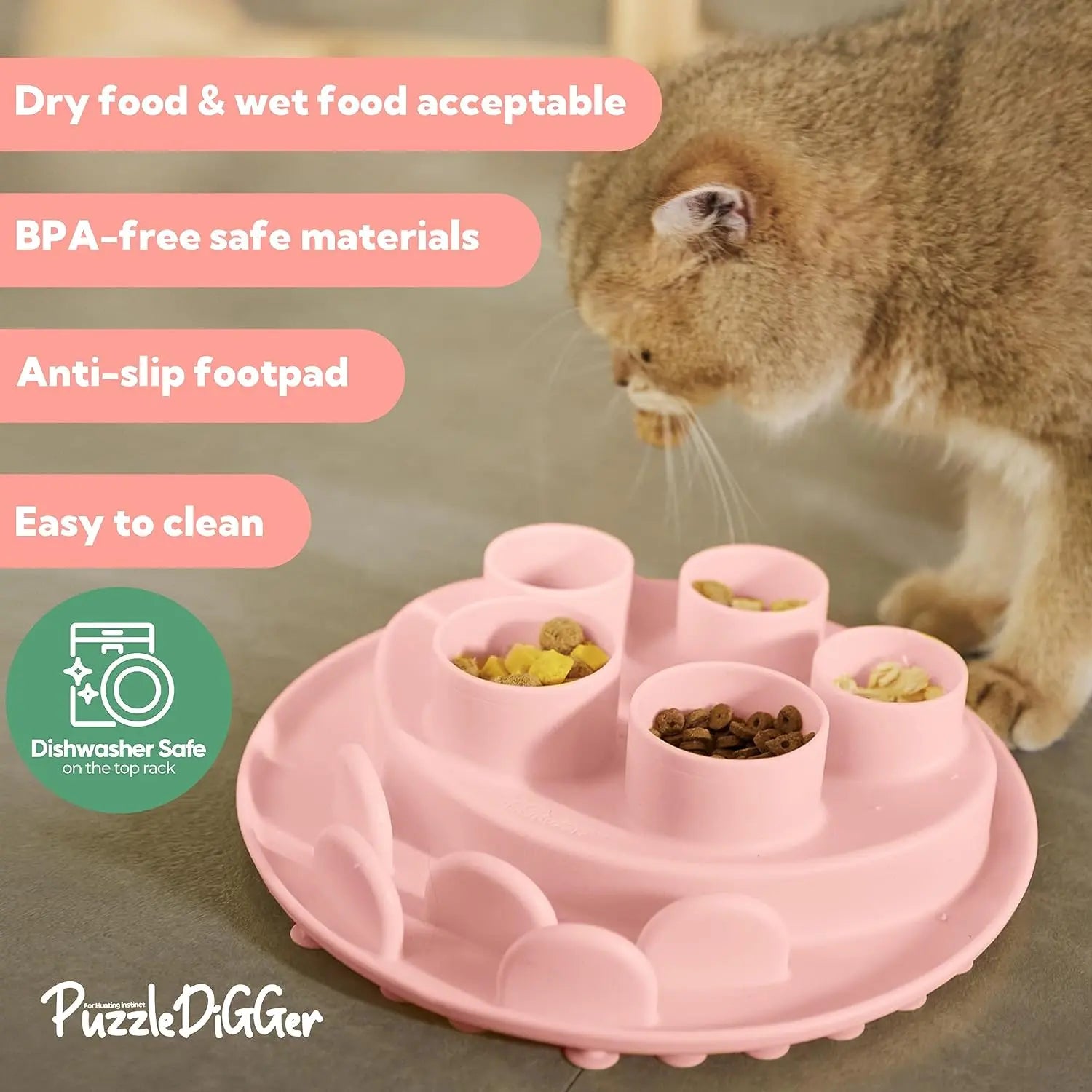 Cat Puzzle Feeder Slow Feeder Bowl for IQ Training and Mental Stimulation, Silicone, Multicolored, Dishwasher Safe