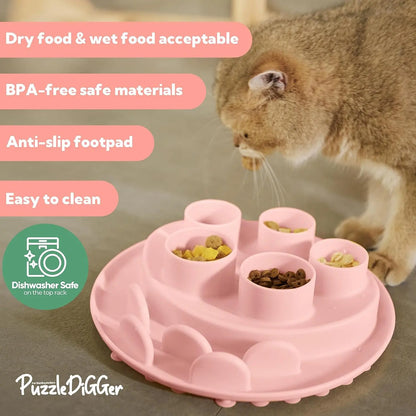 Cat Puzzle Feeder Slow Feeder Bowl for IQ Training and Mental Stimulation, Silicone, Multicolored, Dishwasher Safe