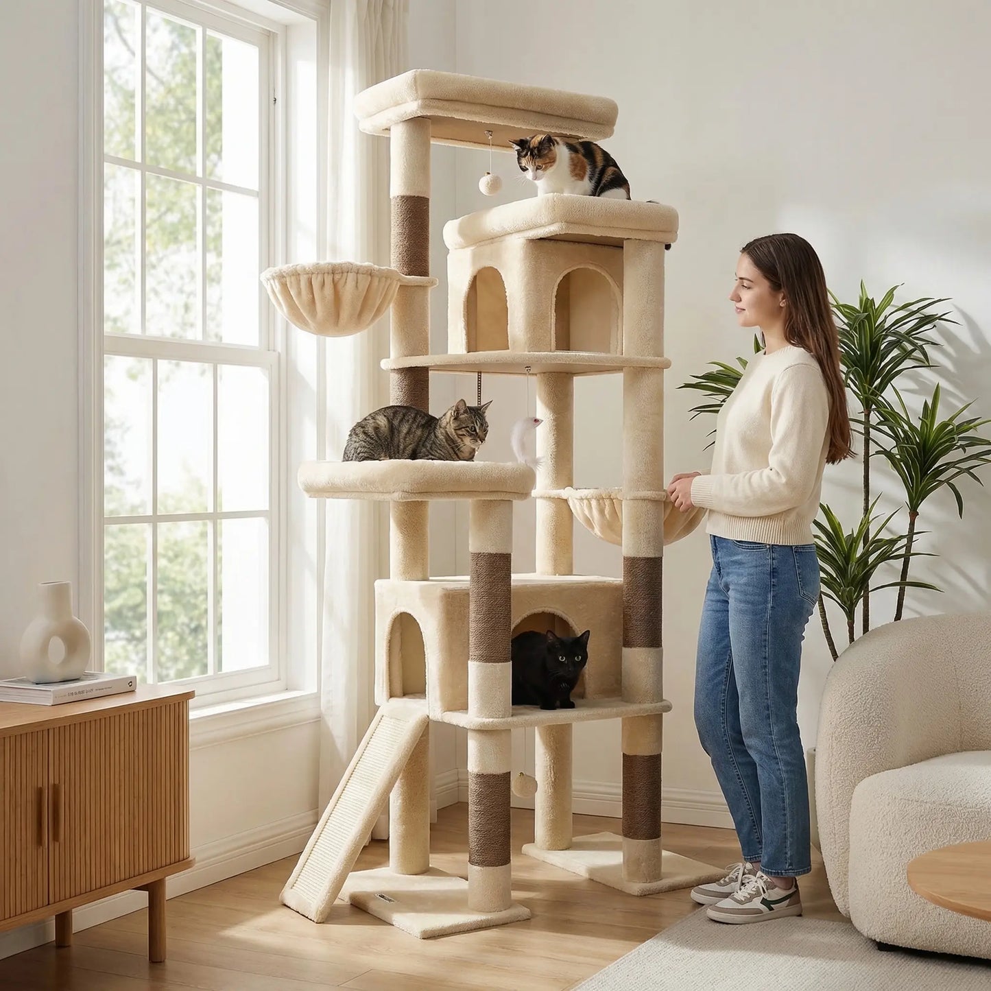 Globlazer S78 78-Inch Modern Freestanding Cat Tree Tower, Durable Activity Center with Condos, Natural Sisal Scratching Posts, Hammock, Perches, and Comfortable Lounging Areas for Large Cats, Easy Assembly