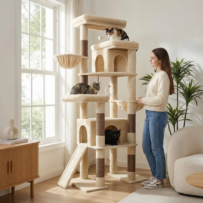 Globlazer S78 78-Inch Modern Freestanding Cat Tree Tower, Durable Activity Center with Condos, Natural Sisal Scratching Posts, Hammock, Perches, and Comfortable Lounging Areas for Large Cats, Easy Assembly