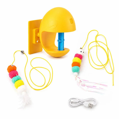 Wall-Mounted Automatic Cat Toy with Adjustable Modes, Interactive Feather Teaser, USB Rechargeable with Rewind Rope for Indoor Cats