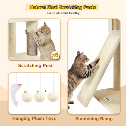 Globlazer S78 78-Inch Modern Freestanding Cat Tree Tower, Durable Activity Center with Condos, Natural Sisal Scratching Posts, Hammock, Perches, and Comfortable Lounging Areas for Large Cats, Easy Assembly