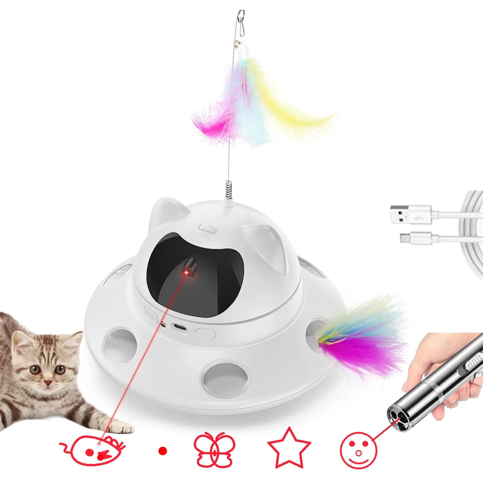 Interactive 3-in-1 Cat Laser Toy with Automatic 6-Hole Whack-a-Mole, Fluttering Butterfly, and USB Rechargeable Features for Indoor Cats and Dogs - Stress Relief Toy for Bored Pets