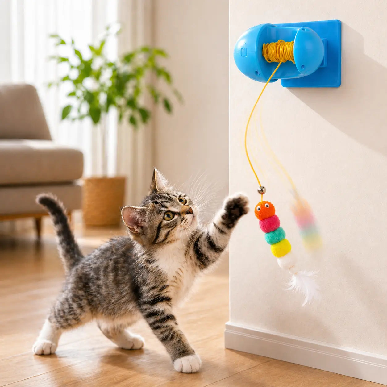 Wall-Mounted Automatic Cat Toy with Adjustable Modes, Interactive Feather Teaser, USB Rechargeable with Rewind Rope for Indoor Cats