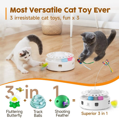 Potaroma 3-in-1 Interactive Automatic Cat Toy with Fluttering Butterfly, Random Moving Feather, and Track Balls - USB Powered Indoor Exercise for Cats