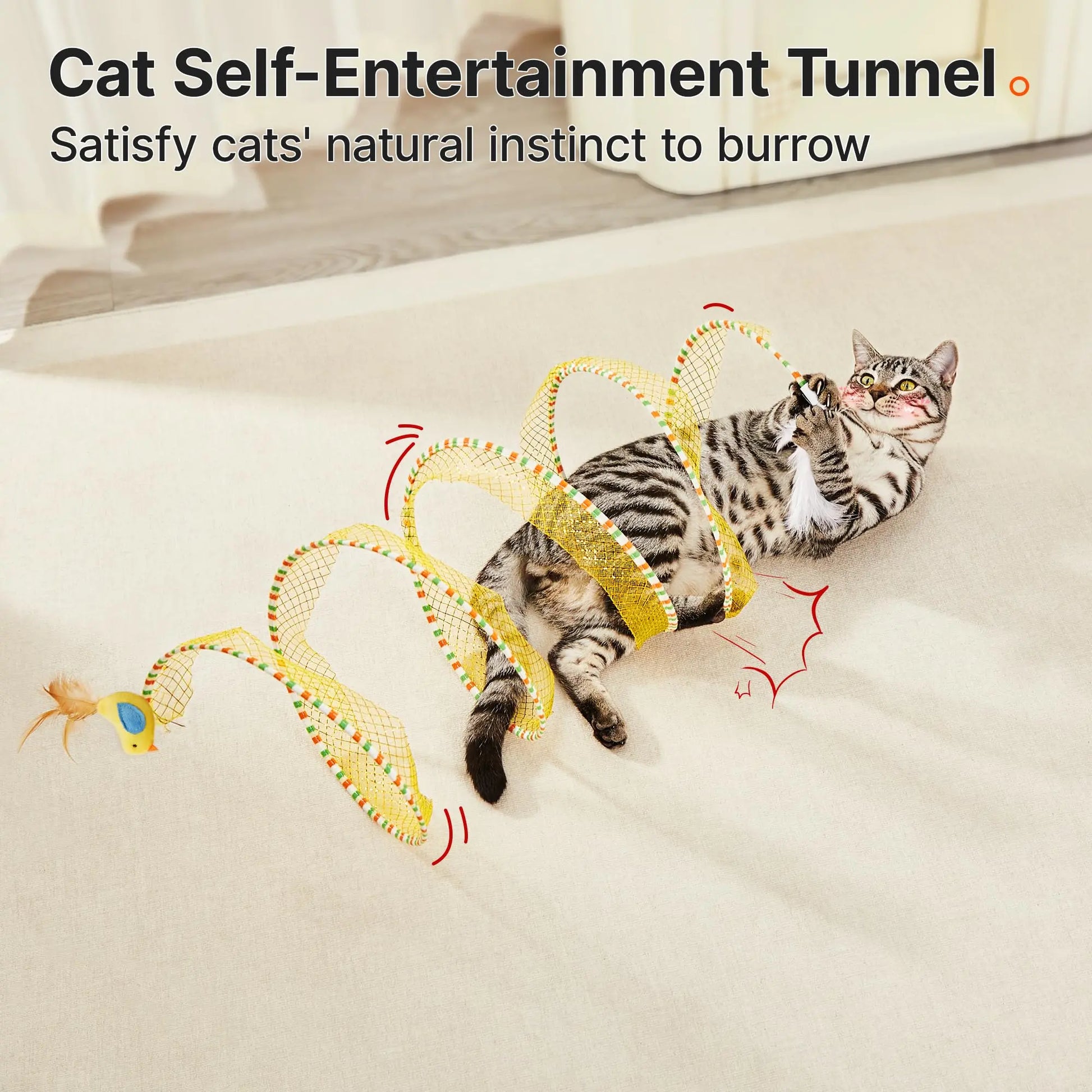 Potaroma Collapsible Spiral Tunnel Cat Toy with Feather and Bell for Indoor Cats, 20 Inches Unfolded